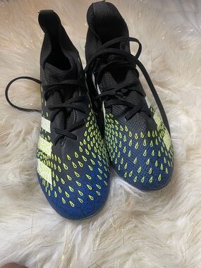 Kids Adidas predator Black & Blue Soccer Cleats with Neon Accents